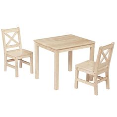 a wooden table and two chairs sitting next to each other on top of a white background