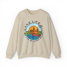 Lake Life Custom Made Sweatshirt for Men or Women.  Ideal for any situation, this unisex heavy blend crewneck sweatshirt is pure comfort. These garments are made from polyester and cotton. This combination helps designs come out looking fresh and beautiful. The collar is ribbed knit, so it retains its shape even after washing. There are no itchy side seams on these sweaters.  This makes a great gift for friends who enjoy life at the lake and/or just trendy sweatshirts that are soft, luxurious, and unique!  Fun gift for Birthday or Christmas! Sizes S-3XL, true to size comfy fit 3 Color Options:  Sand, White, or Sport Grey .: Made with a medium-heavy fabric blend of 50% cotton and 50% polyester (8.0 oz/yd² (271.25 g/m this sweatshirt feels cozy and is the perfect choice for those colder mont