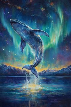 a painting of a humpback whale jumping out of the water with an aurora bore in the background