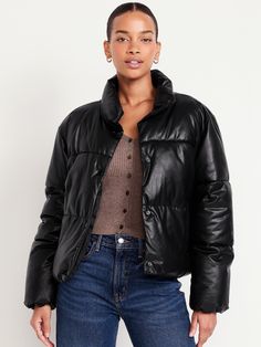 standing collar long sleeves snap front welt pockets hanging loop relaxed fit hits below waist models are approx.  5'9" and wear sizes s (4), l (12), and xl (18)machine wash according to the care instruction label  . Best Holiday gift for Women , perfect Jackets for Christmas! Women’s Jackets, Black Leather Puffer Jacket, Christmas Nyc, Black Winter Jacket, Leather Puffer Jacket, 2024 Wishlist, Edgy Chic, December 2024, Standing Collar