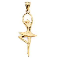 a gold pendant with a ballerina dancer on it's back and arms in the air