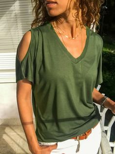 Casual Solid Shirts & Tops Stretch V-neck T-shirt For Summer, Stretch V-neck Shirt For Summer, Stretch V-neck Shirt For Spring, Solid Color V-neck T-shirt For Summer, Solid V-neck Summer Top, V-neck T-shirt For Summer, Green V-neck T-shirt For Summer, Fall Vacation Tops With V-neck, Trendy V-neck Vacation Tops