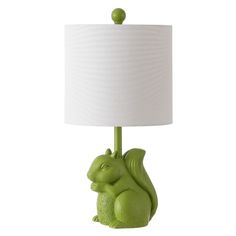 a green squirrel lamp with a white shade