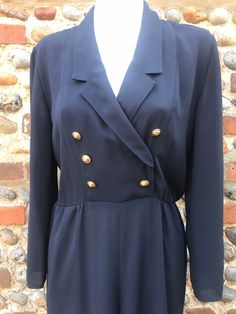 "Lovely 80s Frank Usher jumpsuit. Black polyester with elasticated waist and gold buttons. Very good clean condition. Measured flat Chest 18\" Waist 14\" Pit to waist 8.5\" Inside leg 25\" Outside leg 37\"" Military Jumpsuit, Womens Jumpsuits, Jumpsuit Black, Flat Chest, Gold Buttons, Jumpsuits For Women, Overalls, Jumpsuit Romper, Jumpsuit