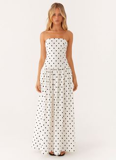 Andorra Maxi Dress - White Polkadot – Peppermayo US Tcu Gameday, College Wishlist, Gameday Fits, Hen Party Dress, Hen Party Outfits, Rush Outfits, College Gameday, Accessory Inspo, Cute Maxi Dress