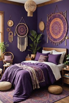 a bedroom with purple walls and lots of decorations