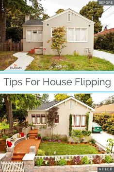 the before and after pictures of a house flipping into a small yard with landscaping around it