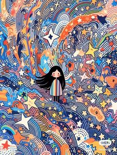 a girl with long black hair standing in the middle of stars and swirly clouds