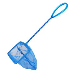 a blue netted bag with a handle on a white background, it is attached to a string