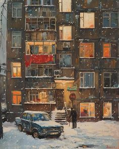 a painting of a man standing in front of an apartment building on a snowy day