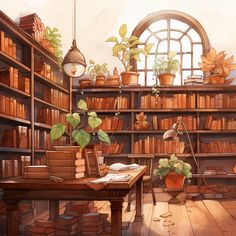 a room filled with lots of books and plants