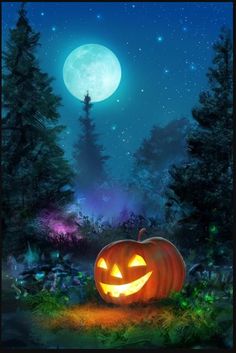 a halloween pumpkin sitting in the middle of a forest with a full moon behind it