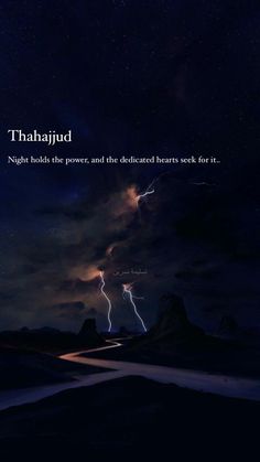 the sky is filled with lightnings and there are two clouds in the background that say thaahjud night holds the power, and the delicate hearts reach for it