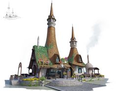 an artistic rendering of a fairy tale house with flowers growing on it's roof