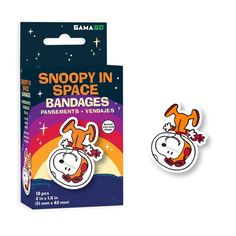 a package of snoopy in space stickers next to it's packaged packaging