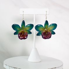 Chrys Real Orchid Earrings - Blue/Green- Limited Edition - Devi & Co Handmade Orchid Earrings, Orchid Flower-shaped Earrings For Gift, Tropical Princess, Japanese Home Design, Flower Pressing, Orchid Earrings, Dope Jewelry Accessories, Tooth Gems, Japanese Home