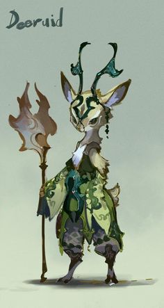 the deer is holding a stick and wearing a green outfit with horns on it's head