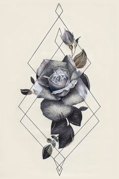 a drawing of a rose with leaves on it's side and an abstract diamond in the background