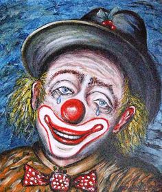 a drawing of a clown wearing a hat and bow tie with his face painted red