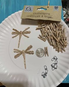 a paper plate with clothes pins on it next to a penny and some other items