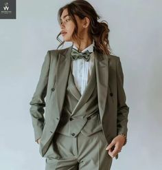 Green Tuxedo Dressy Pant Three Piece Suit for Women | eBay Women Suits With Vest, Pant Suit Prom Women, Masculine Professional Outfits For Women, Woman Suit Formal, Sage Green Suit Wedding Women, Pantsuit Outfits For Women, Cottagecore Suits Women, Semi Formal Suits Women, Women Wedding Tuxedo