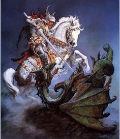 a painting of a man riding on the back of a white horse next to a dragon