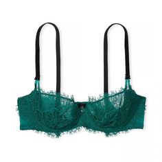 Plush Velvet And Delicate Lace Are Better Together On A Romantic Bra Featuring The Wicked Cup Technology You Love For A Flattering Lift Without Padding. Lift & Lining Unlined With Innovative Sling To Provide Push-Up Without Padding Underwire Straps & Hooks Adjustable Straps Hook-And-Eye Closures At Back Details & Fabric Velvet Straps Ribbon Detail And Jewel Charm At Front Partially Made With Recycled Materials Hand Wash Green Lace Bra With Padded Cups, Green Lace Bra With Lace Trim, Green Fitted Lace Bra, Elegant Green Underwire Bra, Green Lace Party Bra, Elegant Green Bra With Lace Trim, Fitted Green Bra Partially Lined, Fitted Partially Lined Green Bra, Elegant Green Lace Bra