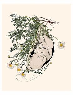 a drawing of a baby sleeping in a cradle with daisies hanging from it's side