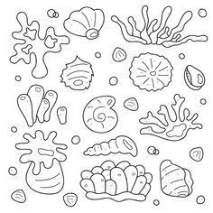 Doodle set with corals and shells. Black and white clip art illustration. Дудл сет с кораллами и ракушками. Чёрно-белые клип арты. Coral Doodle, Black And White Clip Art, Doodle Pages, Shrink Plastic, Coloring Book Art, Funny Pics, Journal Ideas, Transparent Png, Art Illustration