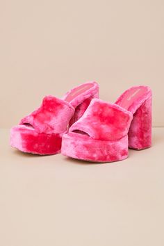 You'll make your stunning presence known the moment you strut in wearing the D'Amelio Footwear Ravina Perfectly Pink Short Faux Fur Platform Sandals! These seriously iconic heels have a fuzzy, short faux fur composition that will lend a super fun element to any night-out look. The eye-catching, slide-on silhouette features a square footbed (atop a 1.75"" toe platform), an extra-wide vamp strap, and a chunky, sky-high block heel that completes the look. 5" block heel. Lightly cushioned insole. Ru Fluffy Platform Sandals, Iconic Heels, Charli And Dixie, Pink Platform Sandals, Faux Fur Heels, Pink Platform Heels, Bright Shoes, Sublimation Ideas Projects Inspiration, Pink Platform