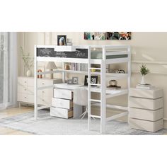 a white loft bed with desk and drawers