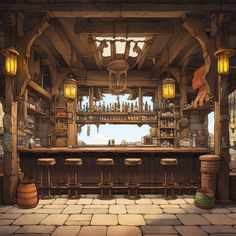 空が見える開放的なバーのカウンター Tavern Background Art, Fantasy Bar Aesthetic, Fantasy Bar Art, Tavern Layout, Dnd Bartender, Bar Concept Art, Tavern Drawing, Fantasy Bar