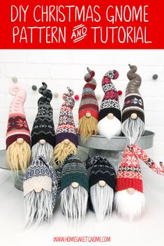 several knitted gnome hats sitting on top of a metal tray with text overlay that says sew at home diy kit