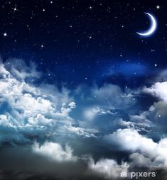 the night sky is full of stars and clouds, as well as a crescent moon