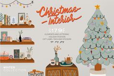 an advertisement for a christmas interieue with a tree and other decorations on shelves