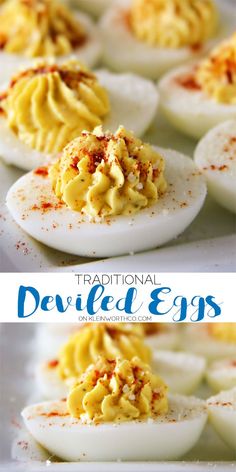 deviled eggs with mustard and seasoning on them