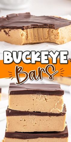 three different types of chocolate and peanut butter bars stacked on top of each other with text overlay