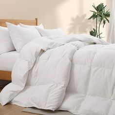 a bed with white comforter and pillows in a room next to a potted plant