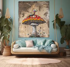 a living room filled with furniture and a painting on the wall above it's couch