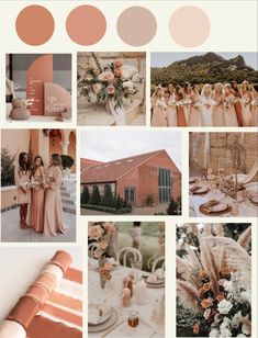 a collage of peach and pink wedding colors