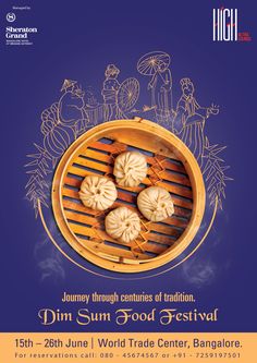 an advertisement for dim sum food festival with dumplings in a bamboo basket on a blue background