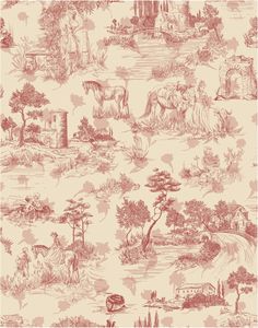 an old wallpaper with horses and trees on the side, in red ink drawn by hand