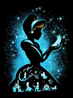 the silhouette of a woman holding a book in her hand with stars and princess silhouettes on