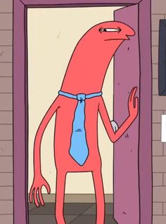 a cartoon character is standing in an open doorway with his hand on the door handle