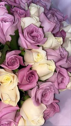 a bouquet of purple and white roses