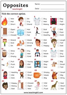 opposite and opposite words worksheet with pictures