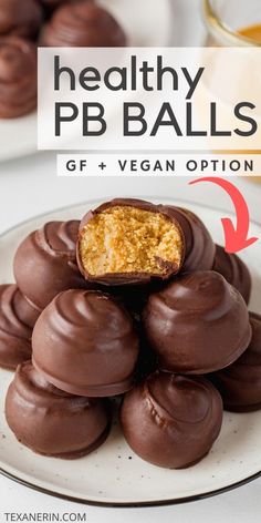 chocolate covered peanut butter balls on a plate with text overlay that reads healthy pebbles gf + vegan option