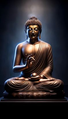 a buddha statue sitting in the middle of a dark room with light shining on it