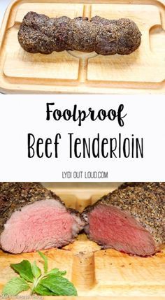 two pictures with the words foolproof beef tenderion on them and an image of sliced meat