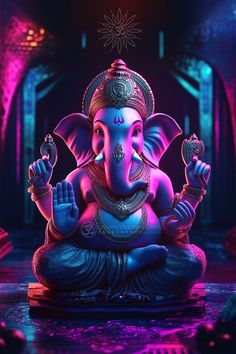 an elephant statue sitting in the middle of a room with neon lights on it's walls